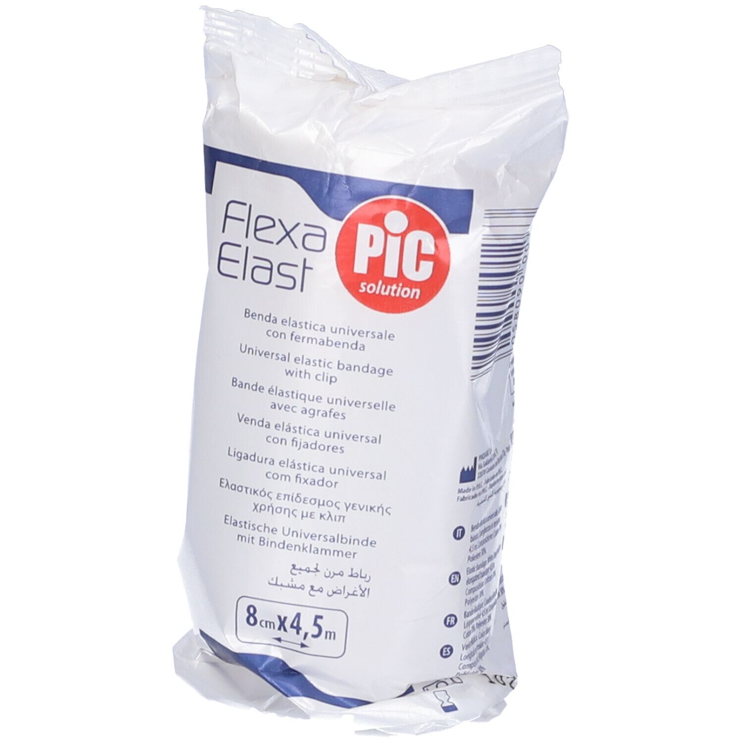 Confezione in plastica di Flexa Elast, benda elastica universale. Marchio PIC Solution. Dimensioni: 8cm x 4,5m. Testo multilingue.