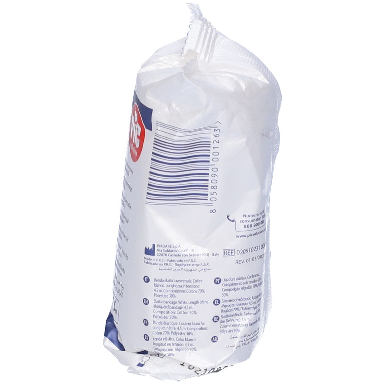 Retro della confezione in plastica di Flexa Elast. Codice a barre, informazioni produttore, marchio CE.