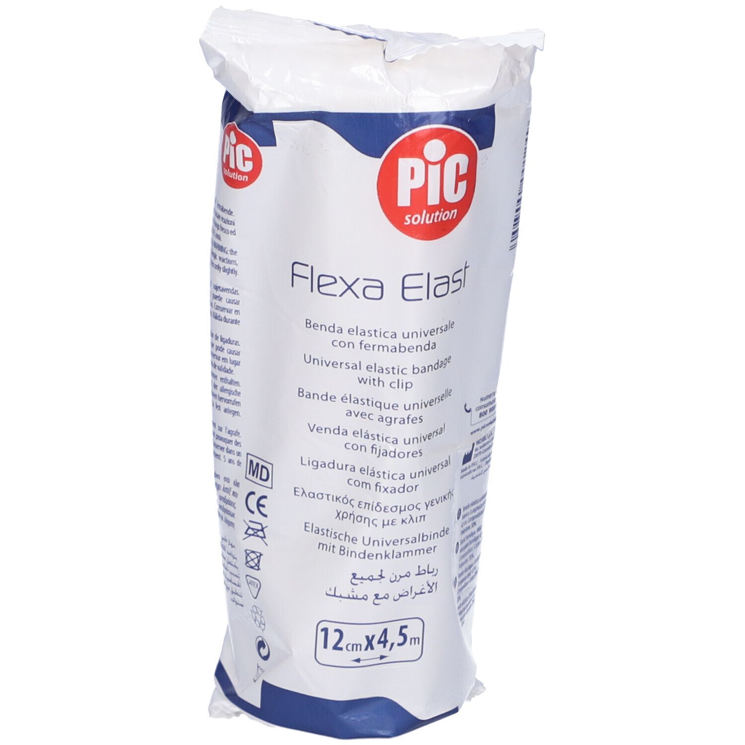 Flexa Elast, benda elastica universale in confezione di plastica. Logo PIC. Dimensioni: 12cm x 4,5m. Con clip.
