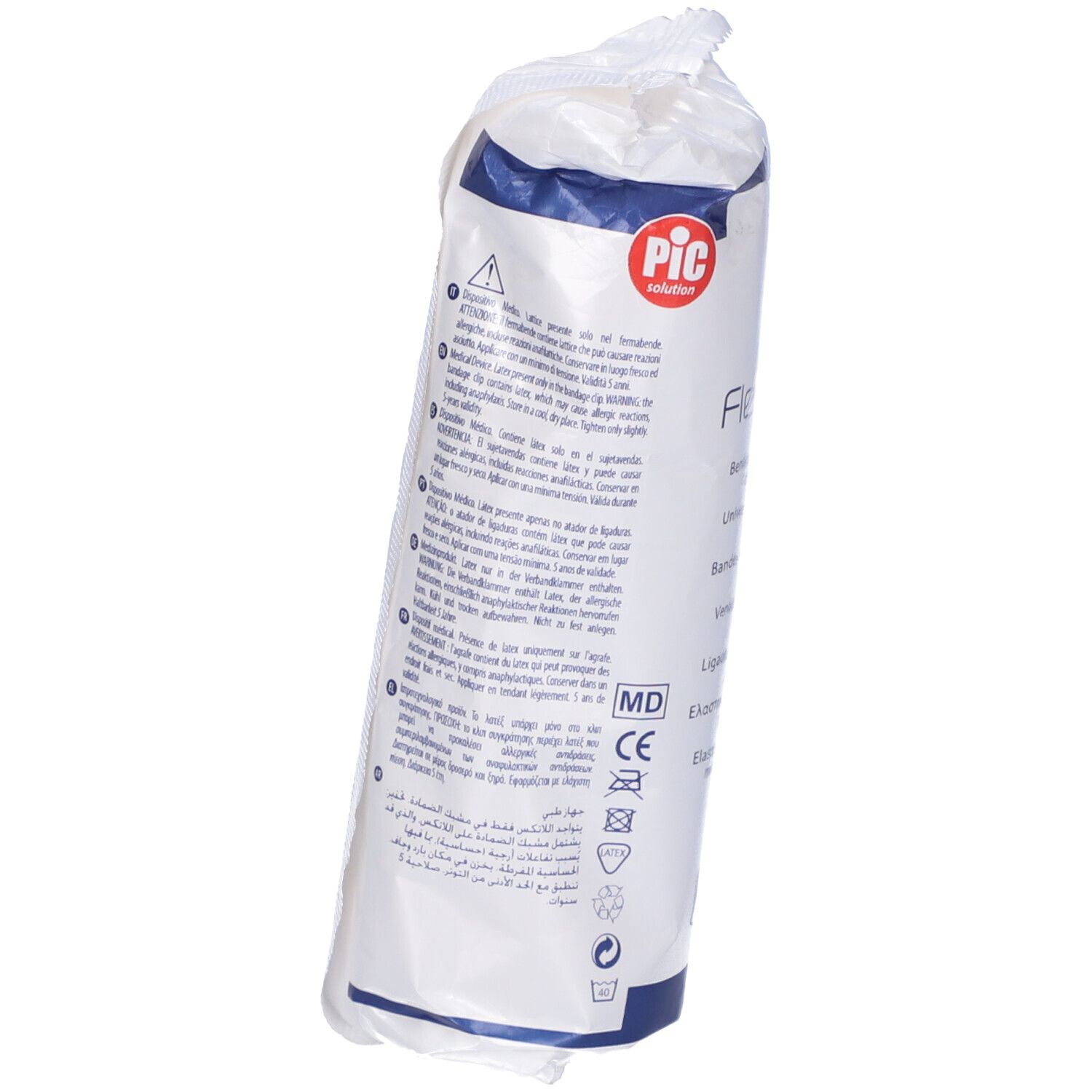 Flexa Elast, benda elastica universale in confezione di plastica. Logo PIC. Retro con testo e simboli. Marchio MD.