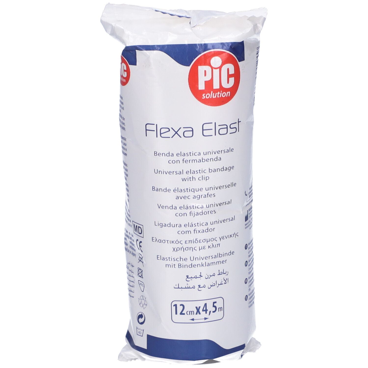 Flexa Elast, benda elastica universale in confezione di plastica. Logo PIC. Dimensioni: 12cm x 4,5m. Con clip.