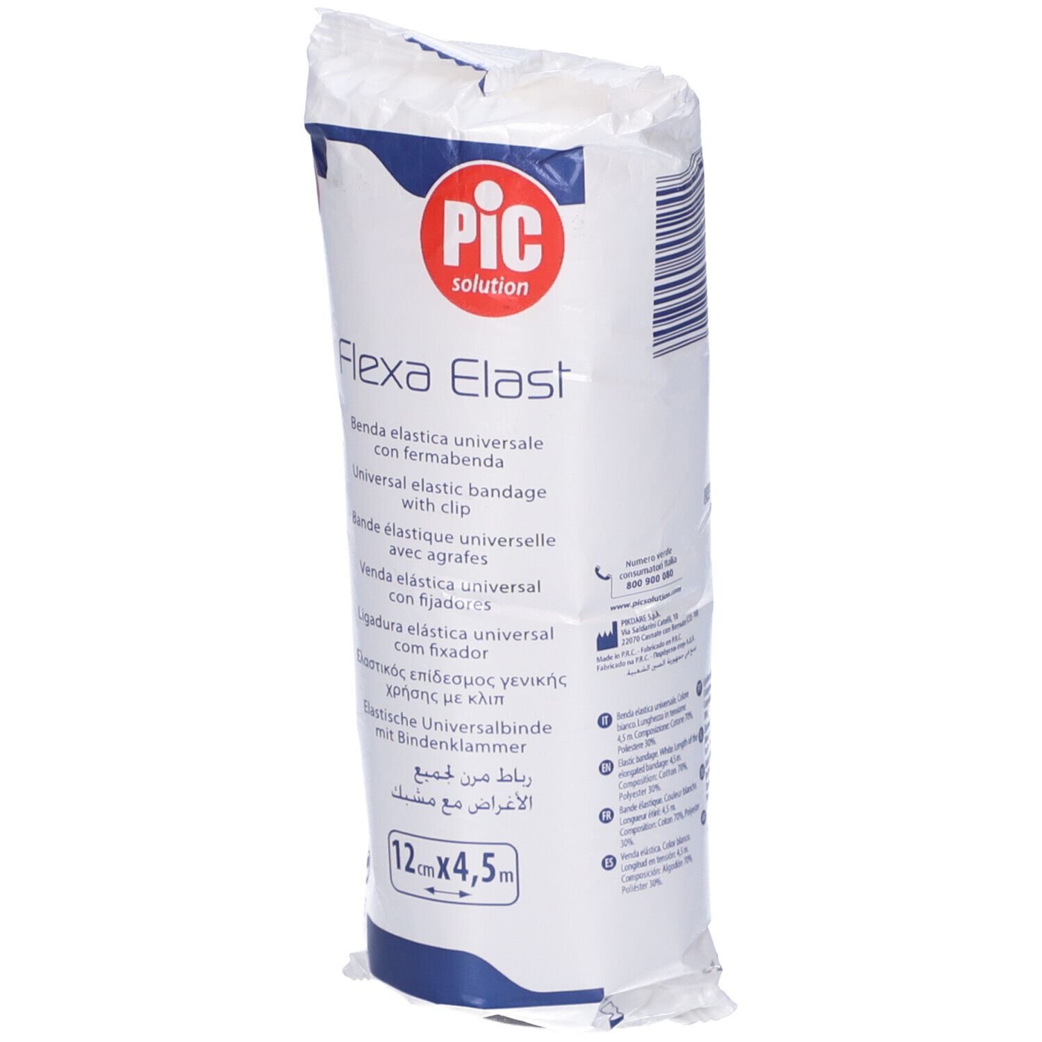 Flexa Elast, benda elastica universale in confezione di plastica. Logo PIC. Dimensioni: 12cm x 4,5m. Con clip.