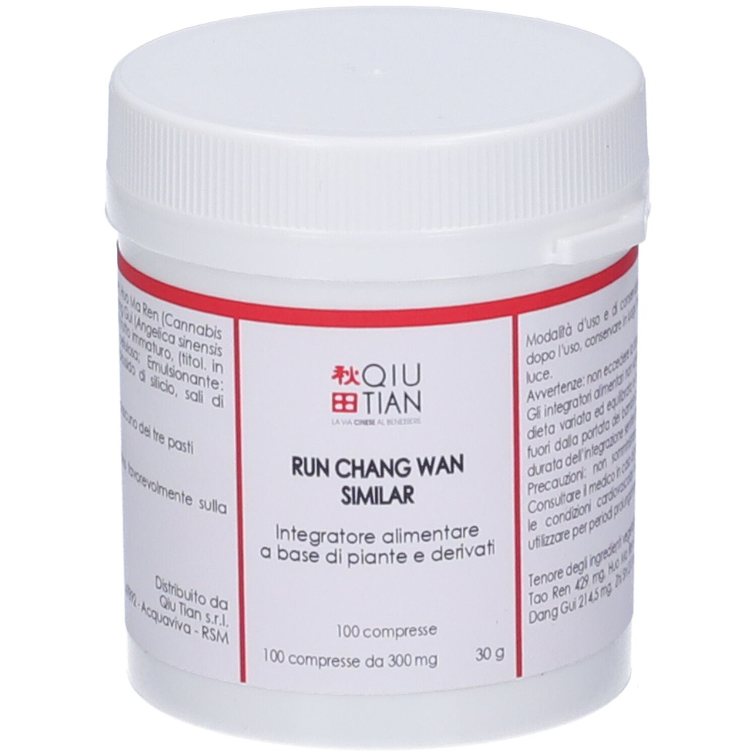 Flacone bianco di compresse con etichetta rossa. Scritta: QIU TIAN, RUN CHANG WAN SIMILAR. 100 compresse.