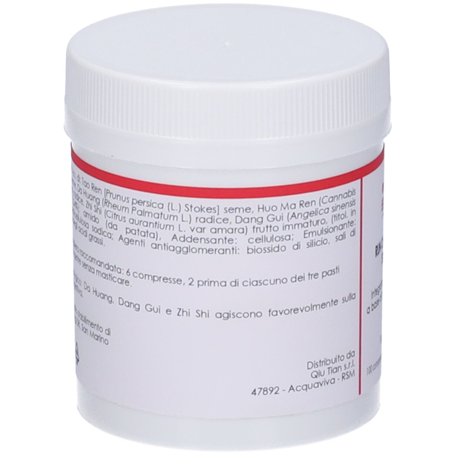 Flacone bianco di compresse con etichetta rossa. Scritta: QIU TIAN, RUN CHANG WAN SIMILAR. Retro con testo.