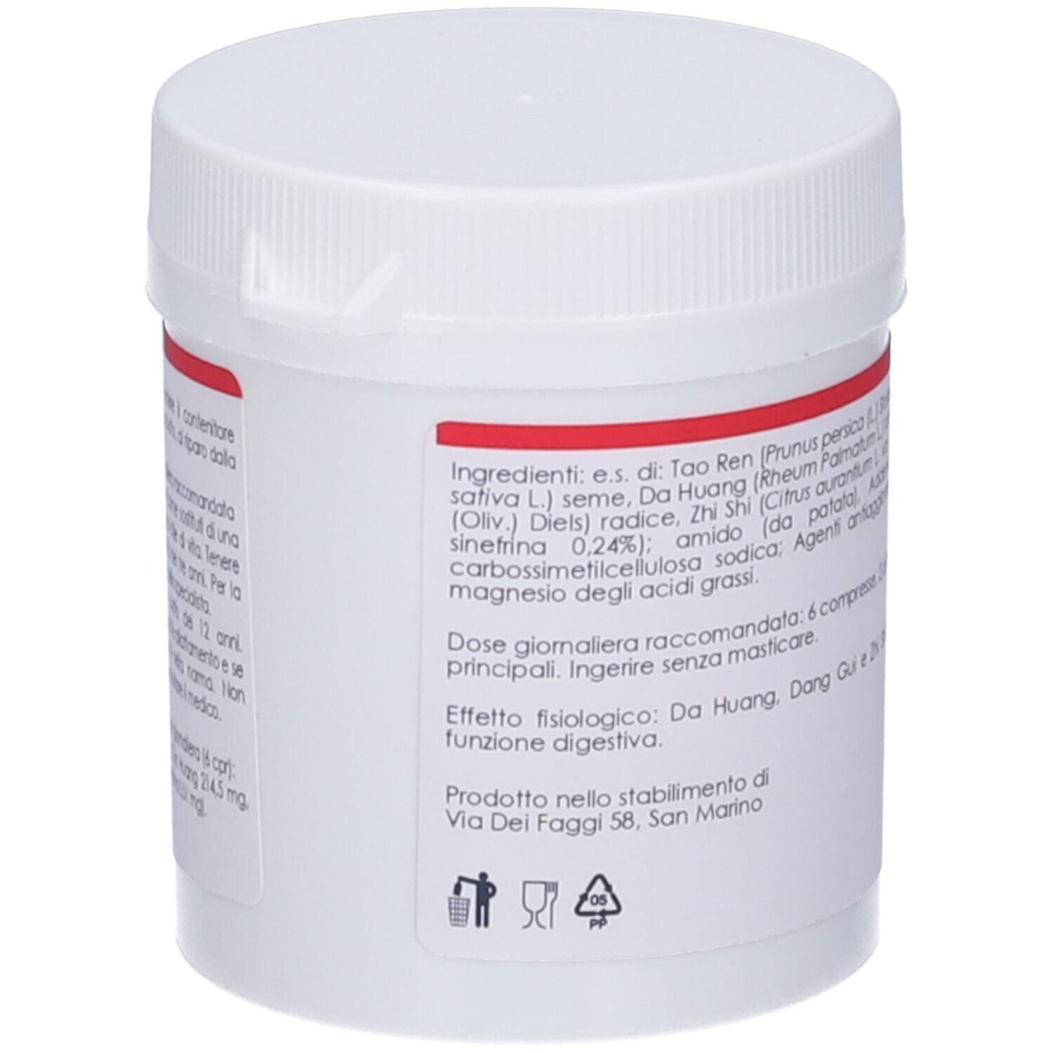 Flacone bianco di compresse con etichetta rossa. Scritta: QIU TIAN, RUN CHANG WAN SIMILAR. Retro con testo.
