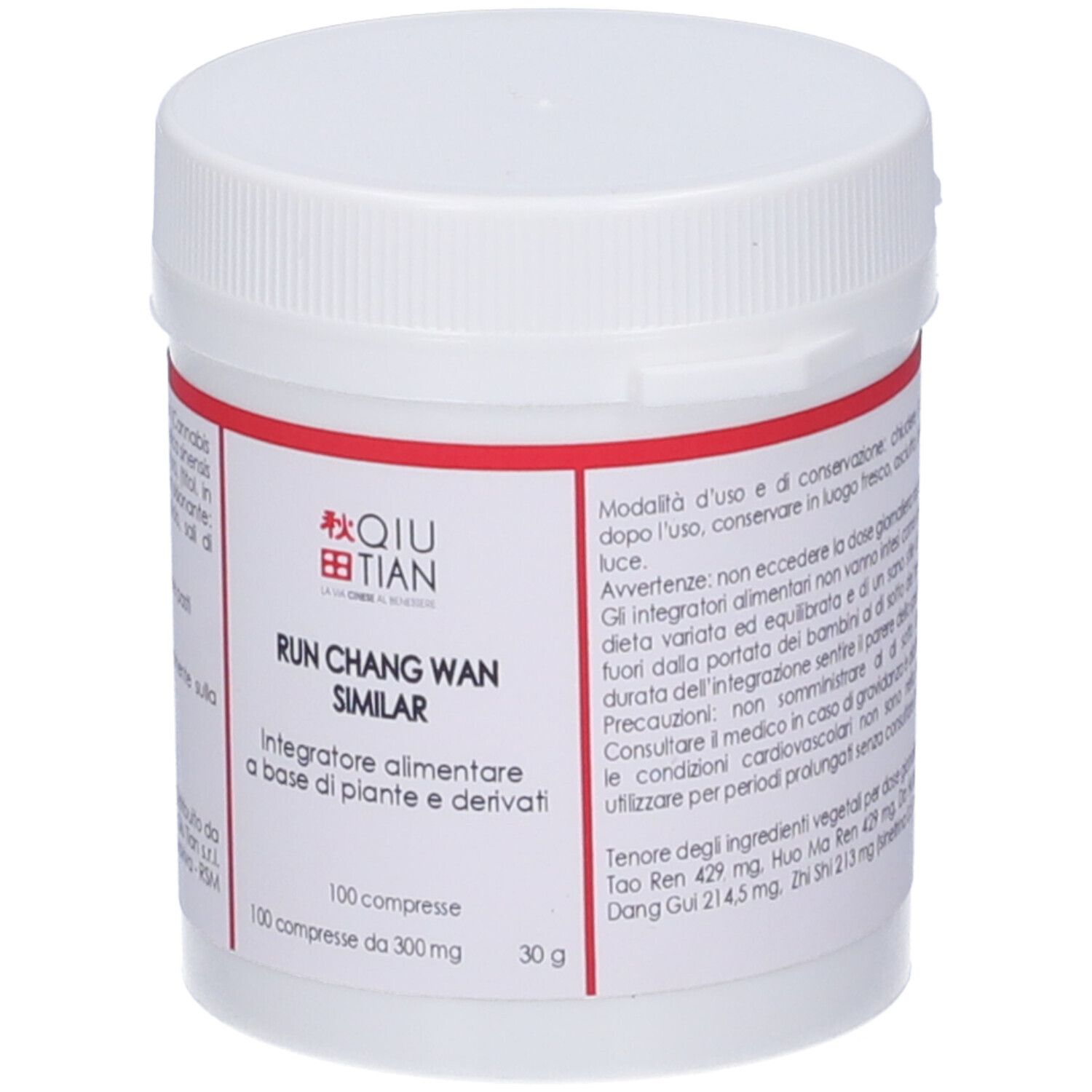 Flacone bianco di compresse con etichetta rossa. Scritta: QIU TIAN, RUN CHANG WAN SIMILAR. Retro con testo.