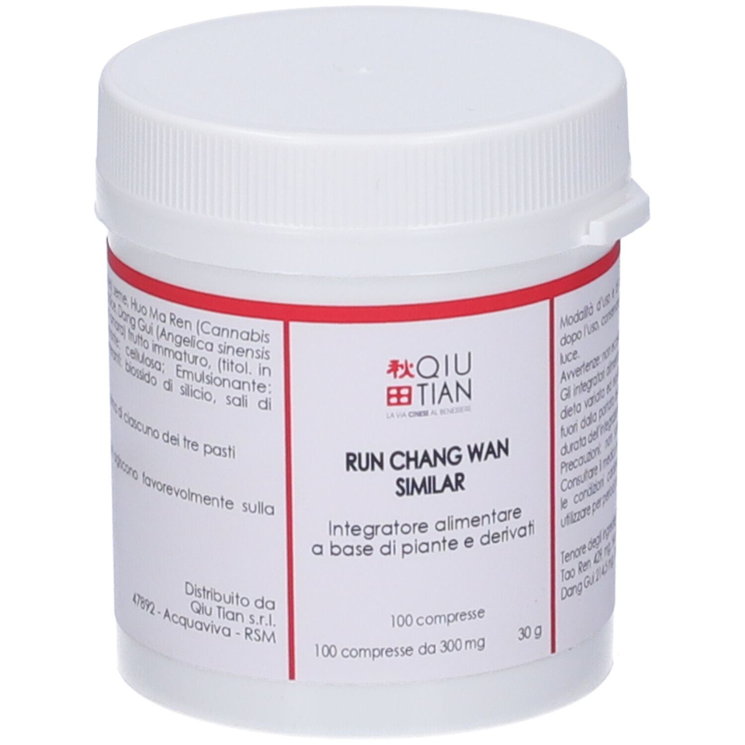 Flacone bianco di compresse con etichetta rossa. Scritta: QIU TIAN, RUN CHANG WAN SIMILAR. Retro con testo.