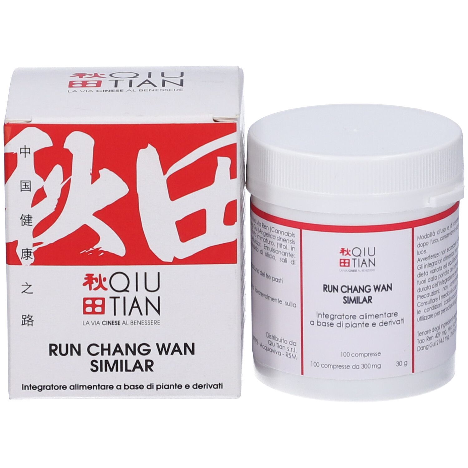 Flacone e scatola con etichetta rossa. Scritta: QIU TIAN, RUN CHANG WAN SIMILAR. 100 compresse.