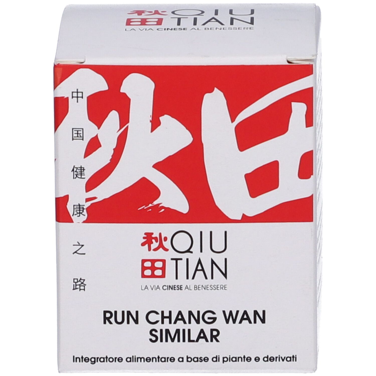 Scatola con etichetta rossa. Scritta: QIU TIAN, RUN CHANG WAN SIMILAR. Testo e caratteri cinesi.