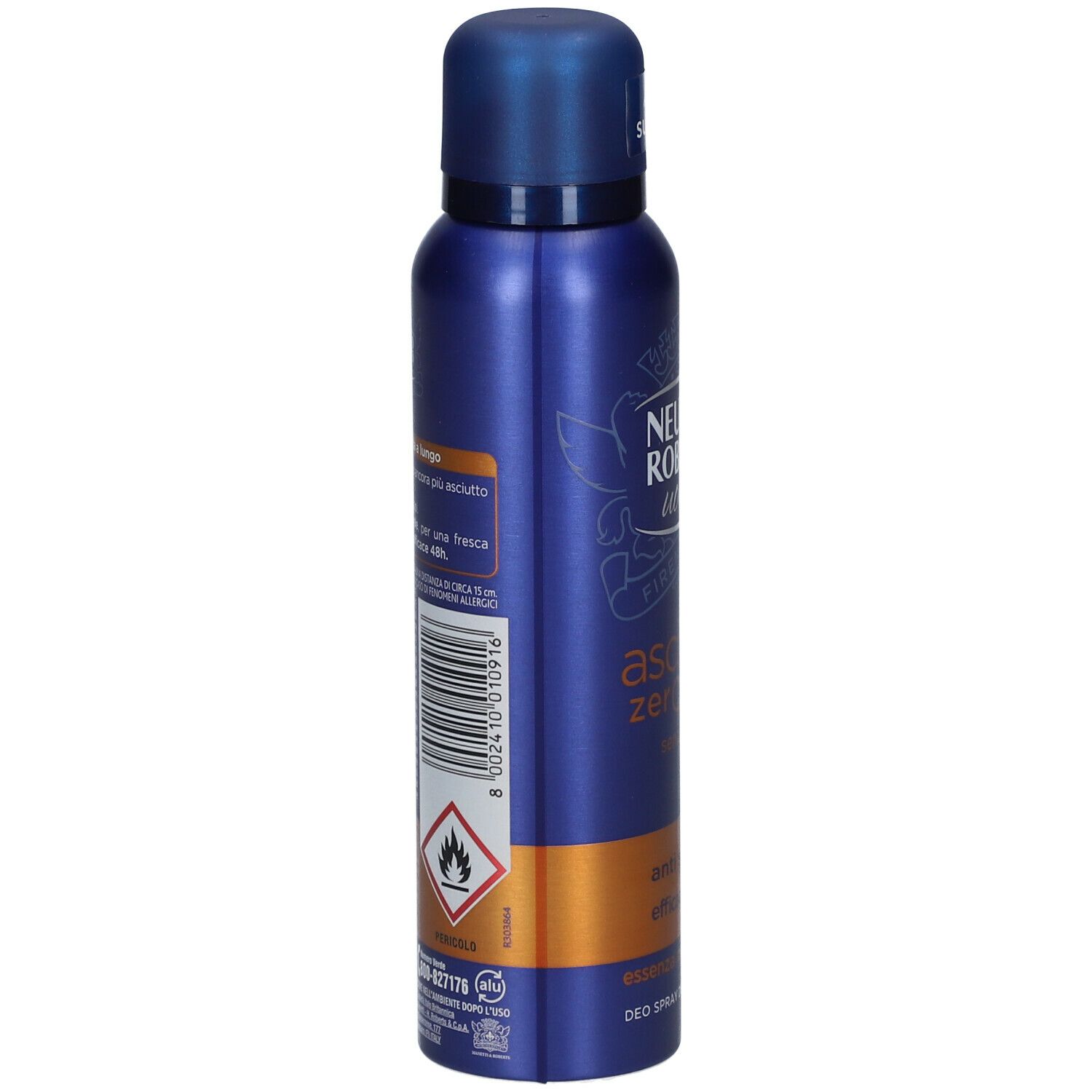 Vista laterale della bomboletta spray. Colore blu e oro. Codice a barre e avvertenze. Scritta: NEUTRO ROBERTS uomo, asciutto zero alcol.