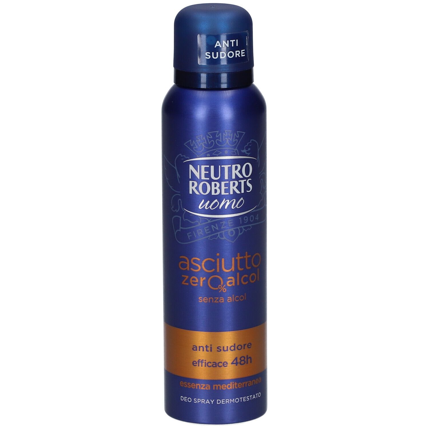 Bomboletta spray. Colore blu e oro. Scritta: NEUTRO ROBERTS uomo, asciutto zero alcol, anti sudore efficace 48h. Con tappo blu.