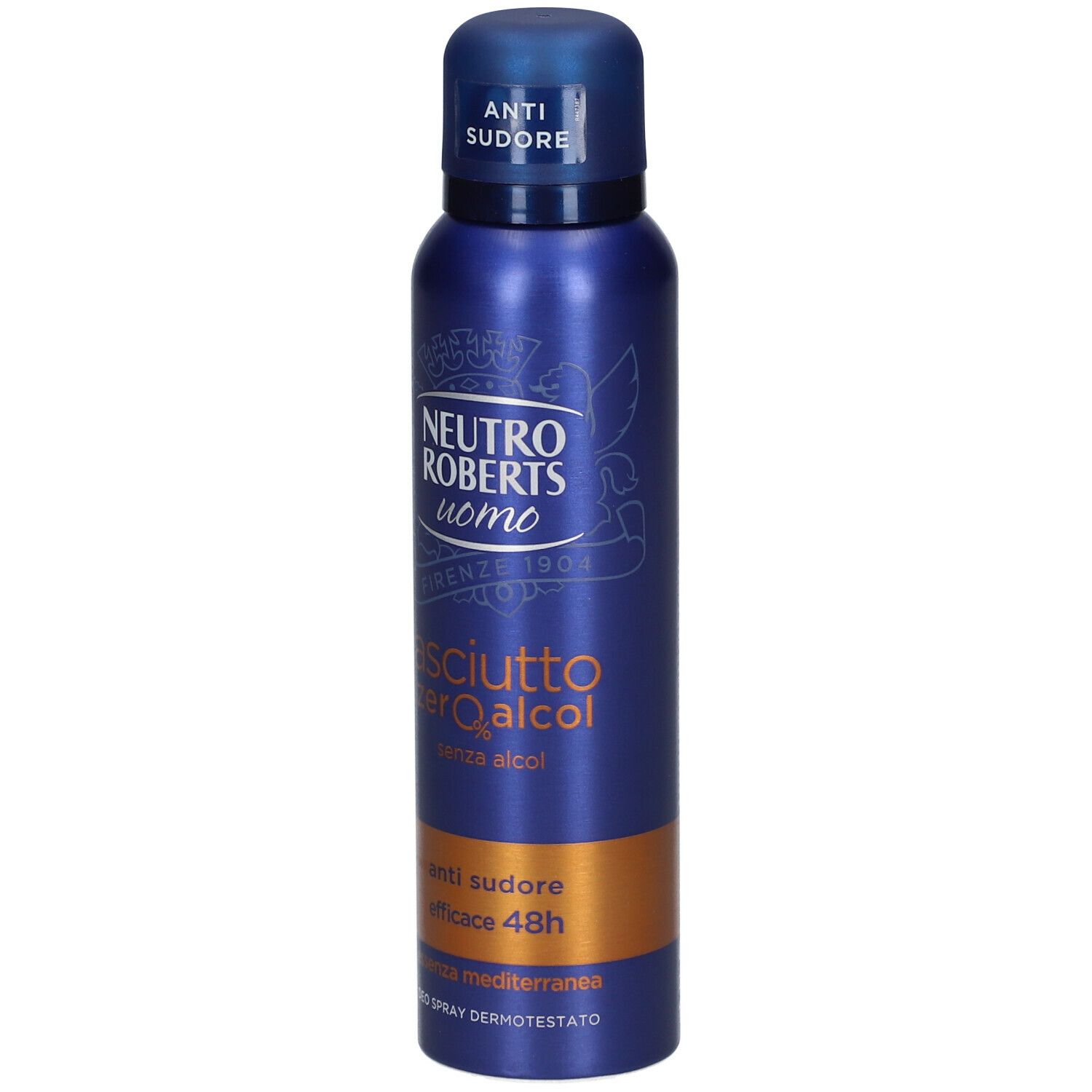 Bomboletta spray. Colore blu e oro. Scritta: NEUTRO ROBERTS uomo, asciutto zero alcol, anti sudore efficace 48h. Con tappo blu.