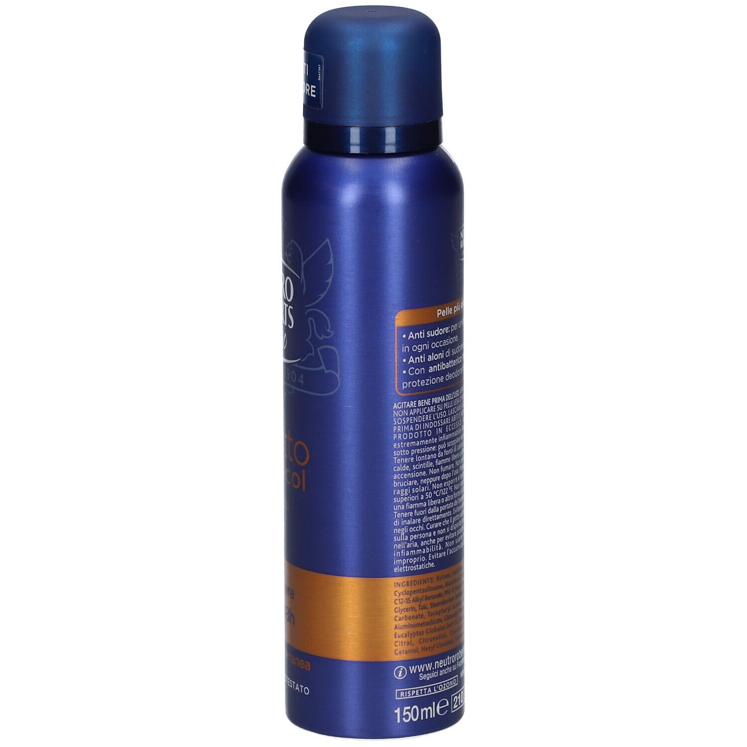 Vista laterale della bomboletta spray. Colore blu e oro. Scritta: NEUTRO ROBERTS uomo, asciutto zero alcol. Con indicazione 150ml.