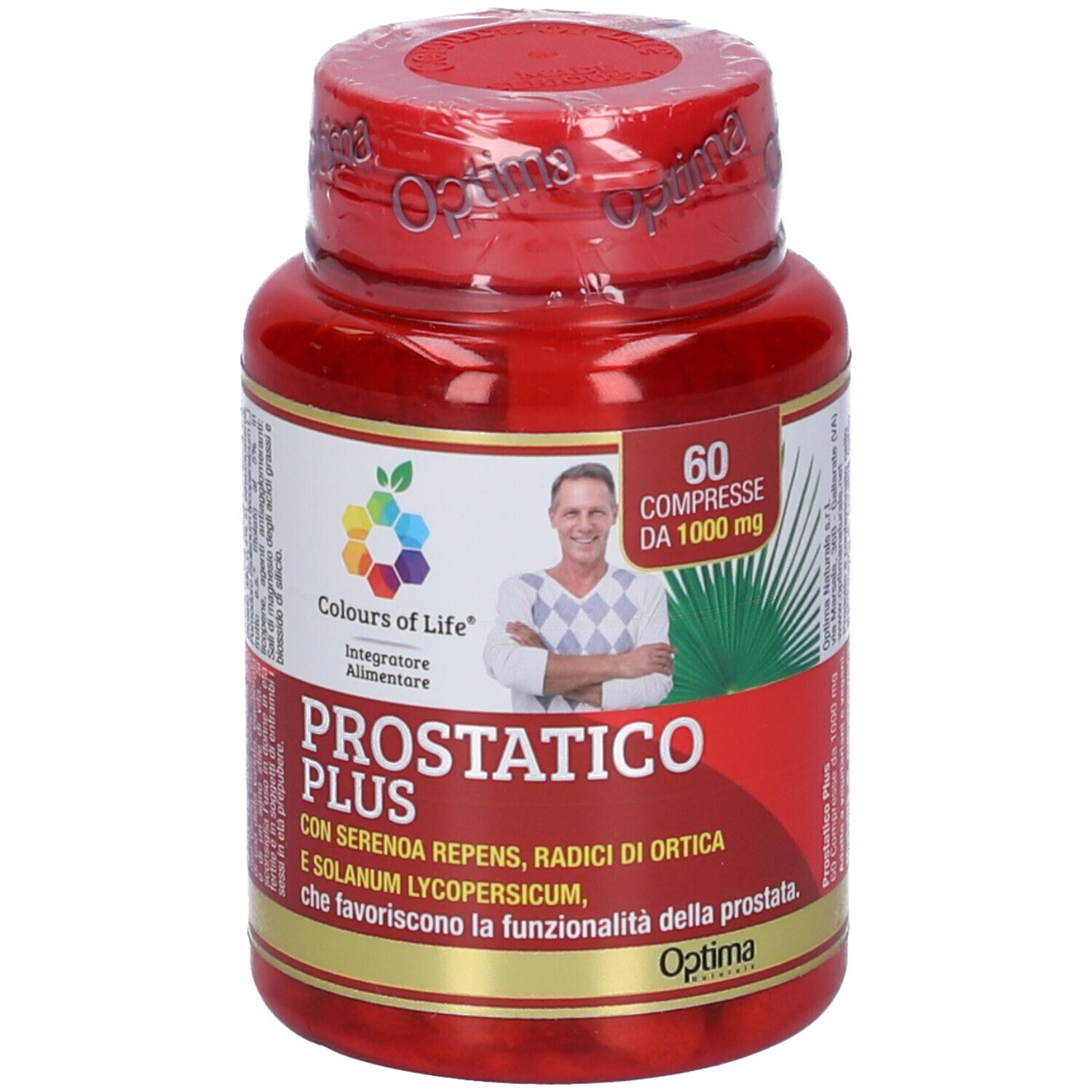 Rote Flasche mit Tabletten. Aufschrift: PROSTATICO PLUS. 60 Tabletten, 1000 mg. Farben des Lebens Logo.