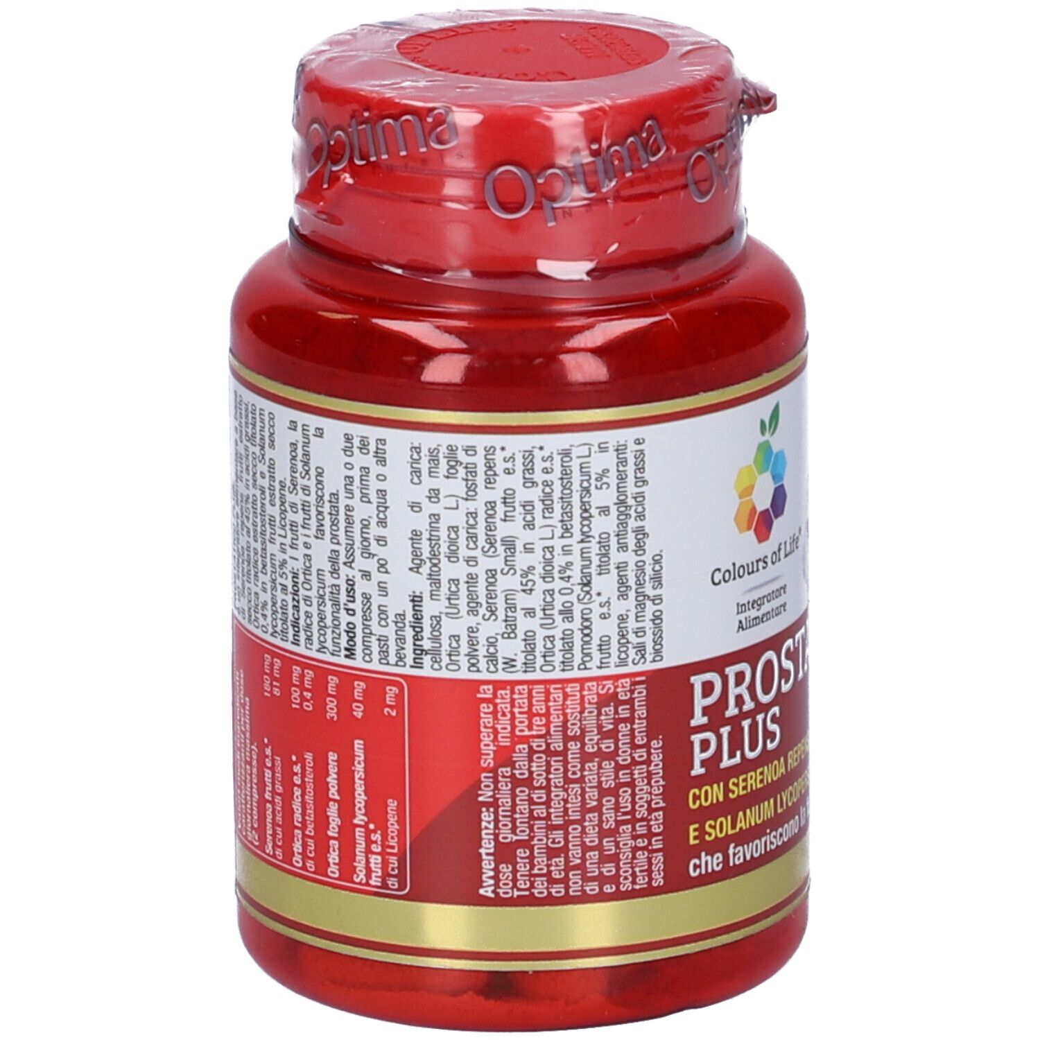 Rote Flasche mit Tabletten. Aufschrift: PROSTATICO PLUS. 60 Tabletten, 1000 mg. Farben des Lebens Logo.
