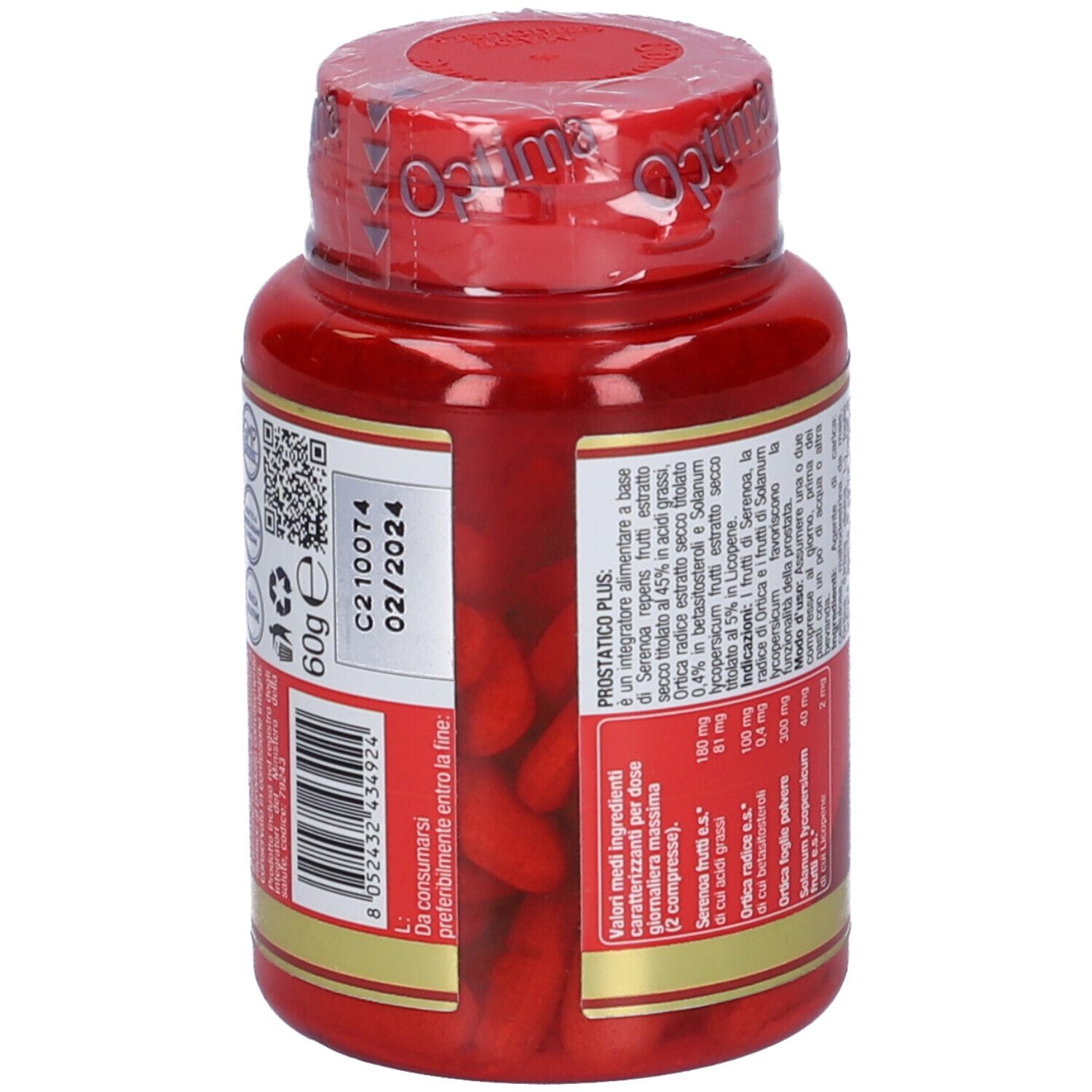 Rote Flasche mit Tabletten. Aufschrift: PROSTATICO PLUS. 60 Tabletten, 1000 mg. Farben des Lebens Logo.