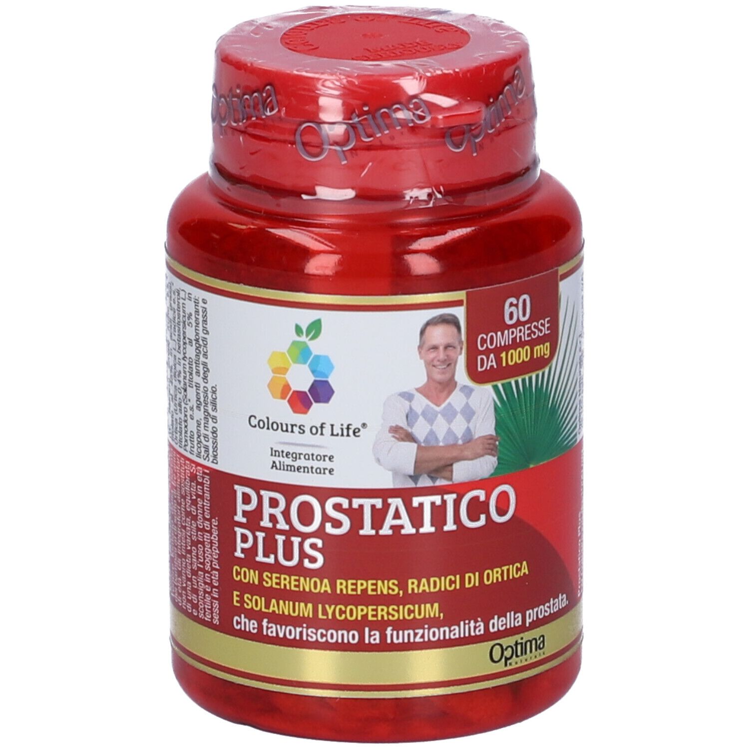 Rote Flasche mit Tabletten. Aufschrift: PROSTATICO PLUS. 60 Tabletten, 1000 mg. Farben des Lebens Logo.