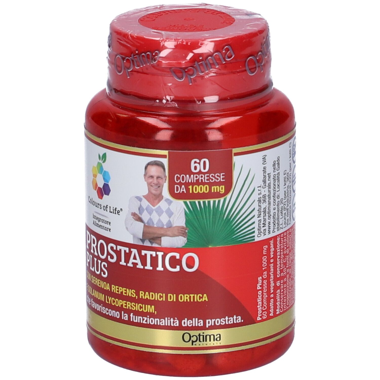 Rote Flasche mit Tabletten. Aufschrift: PROSTATICO PLUS. 60 Tabletten, 1000 mg. Farben des Lebens Logo.