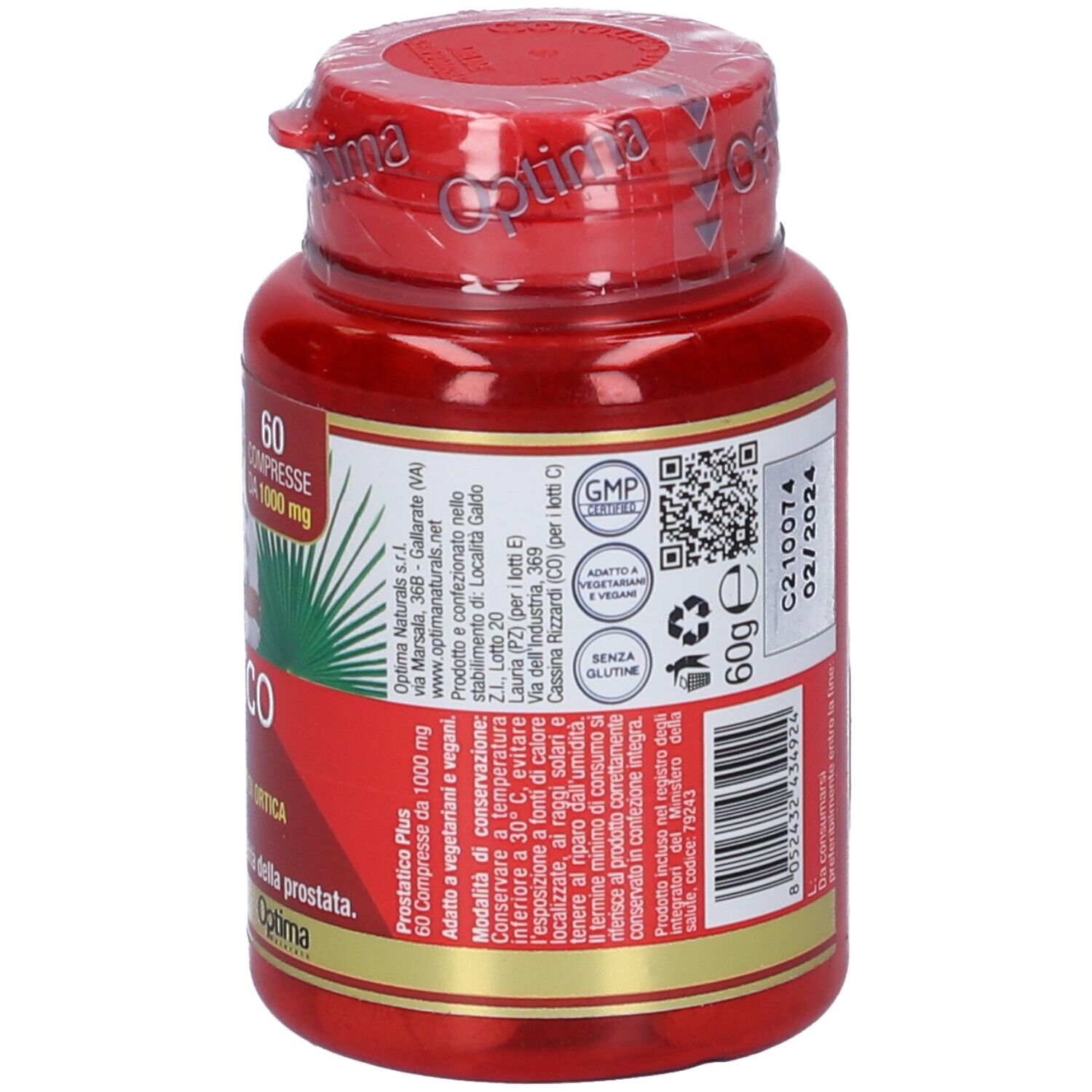 Rote Flasche mit Tabletten. Aufschrift: PROSTATICO PLUS. 60 Tabletten, 1000 mg. Farben des Lebens Logo.