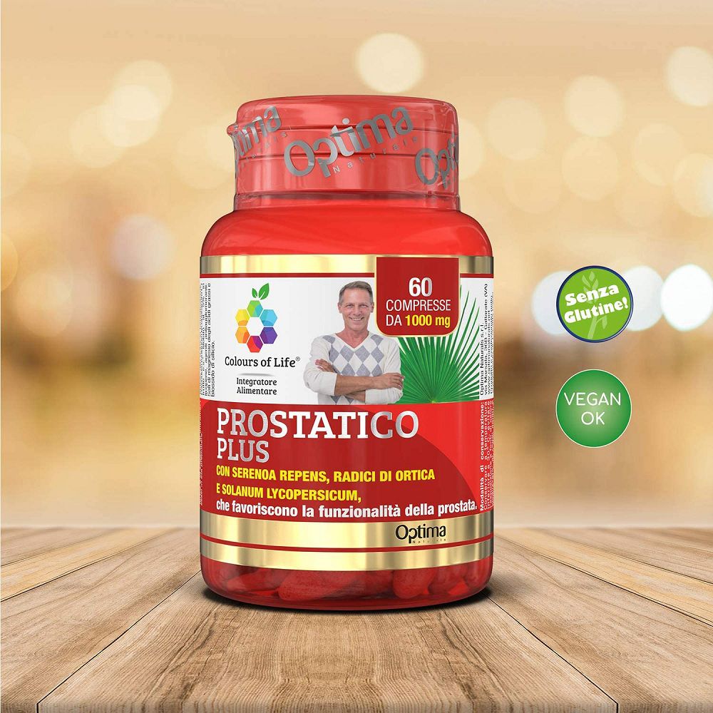 Rote Pillendose 'Prostatico PLUS' mit Siegeln 'Senza Glutine' und 'Vegan OK'.