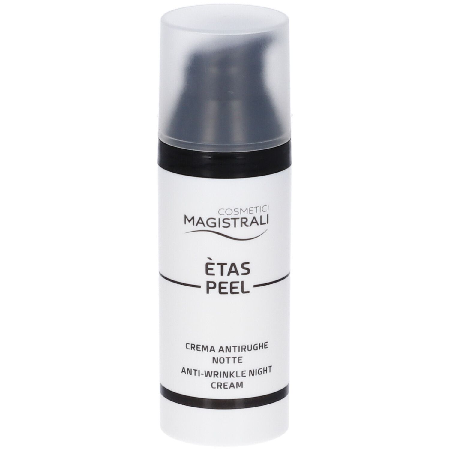 Weiß-schwarze Flasche mit transparentem Deckel. Aufschrift: Cosmetici Magistrali, Ètas Peel, Anti-Wrinkle Night Cream.
