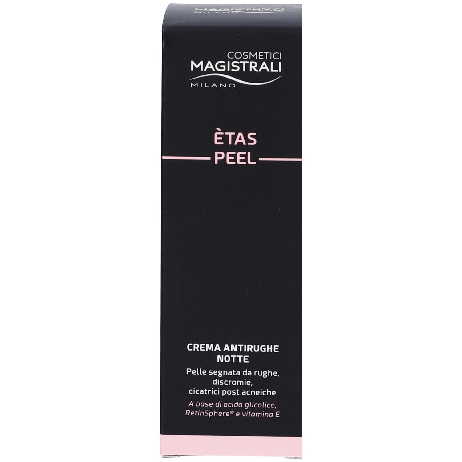 Schwarze Schachtel mit rosa Schrift. Aufschrift: Cosmetici Magistrali, Ètas Peel, Crema Antirughe Notte.