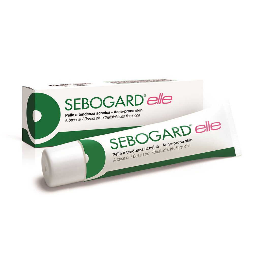 Tubo e scatola con testo del prodotto. Testo: Sebogard Elle, per pelli a tendenza acneica. Design verde e bianco.