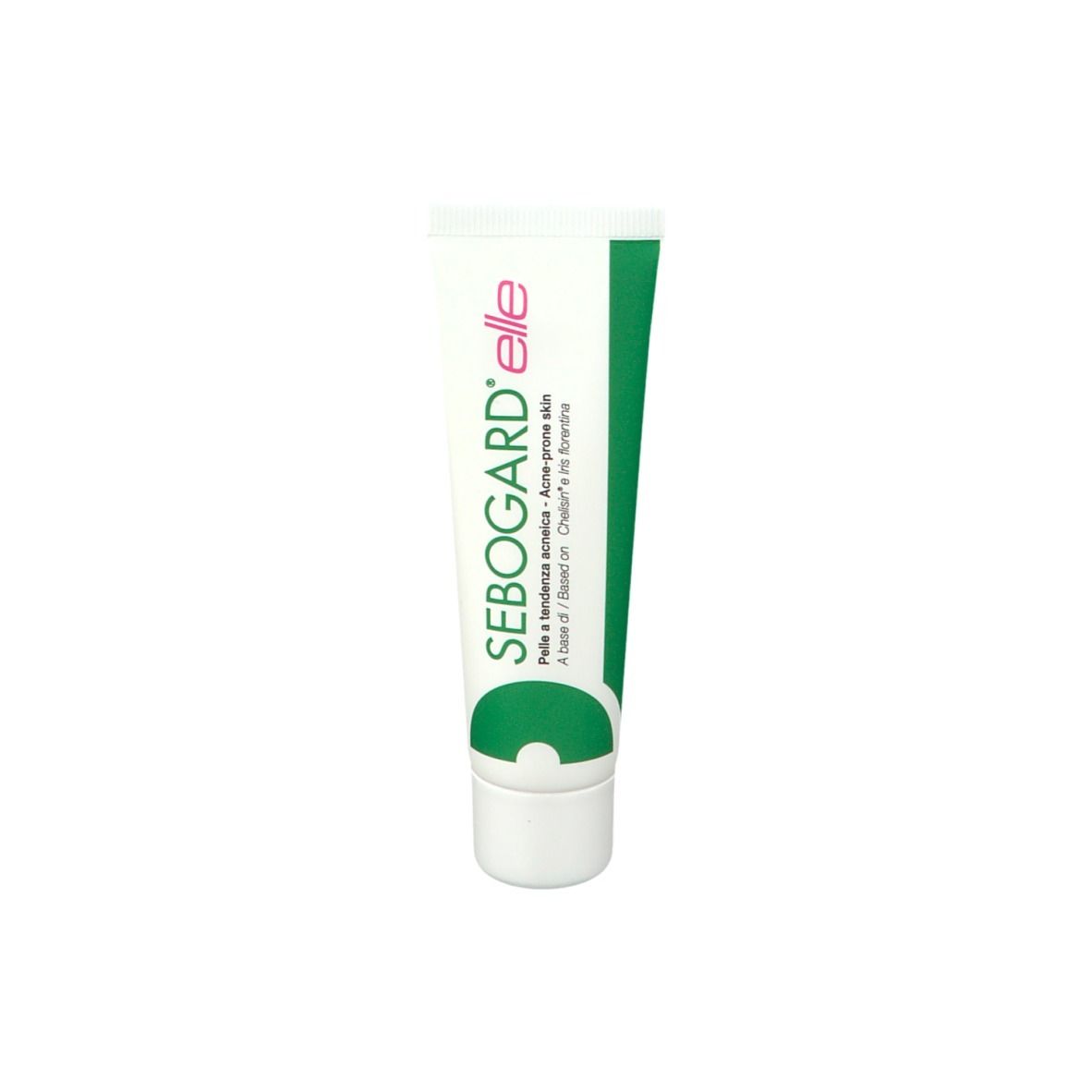 Tubo con testo del prodotto. Testo: Sebogard Elle, per pelli a tendenza acneica. Design verde e bianco. Tappo bianco.