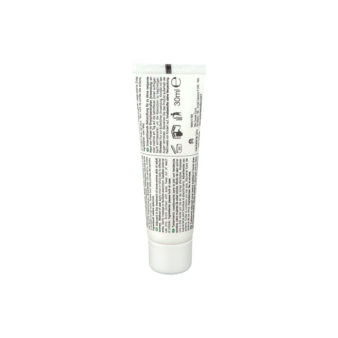 Retro del tubo con testo e simboli. Testo: 30ml. Simboli per istruzioni per l'uso e riciclaggio.