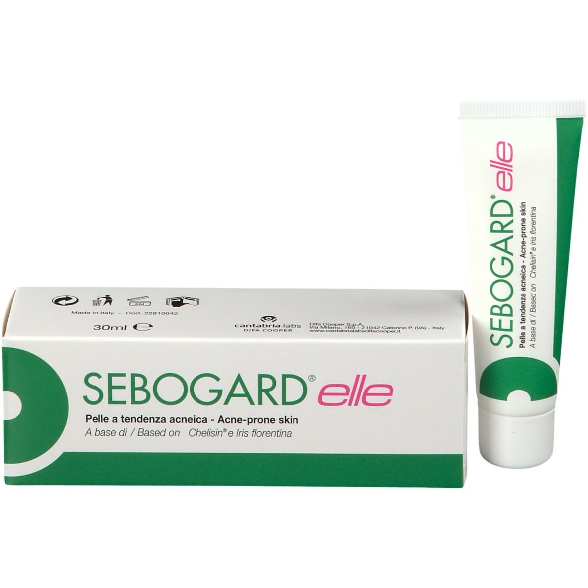 Scatola e tubo con testo del prodotto. Testo: Sebogard Elle, per pelli a tendenza acneica. 30ml. Design verde e bianco.