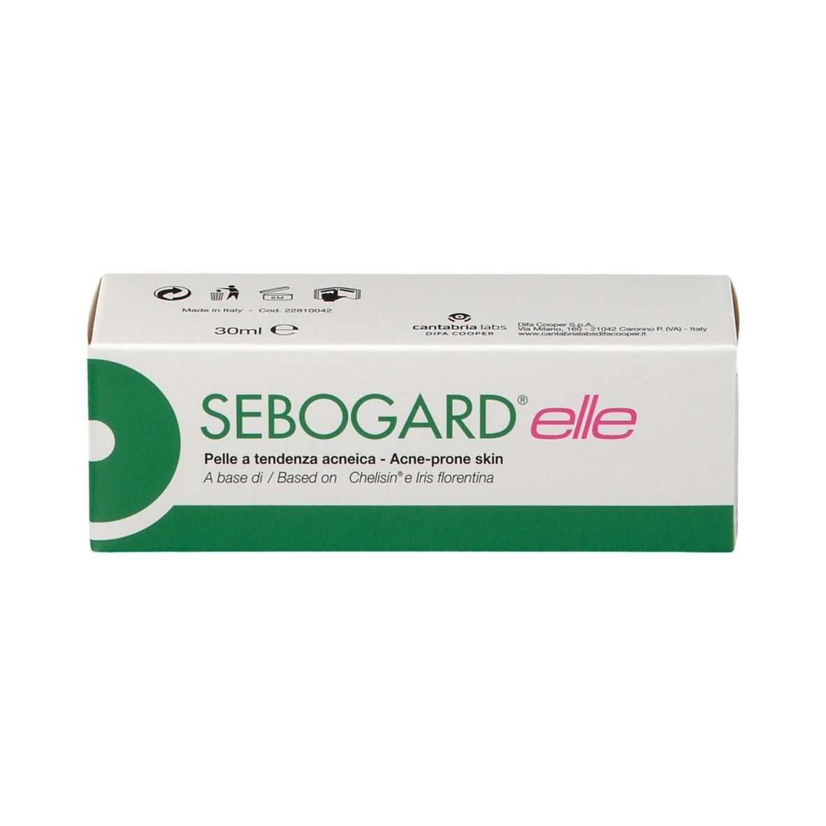 Scatola con testo del prodotto. Testo: Sebogard Elle, per pelli a tendenza acneica. 30ml. Design verde e bianco.