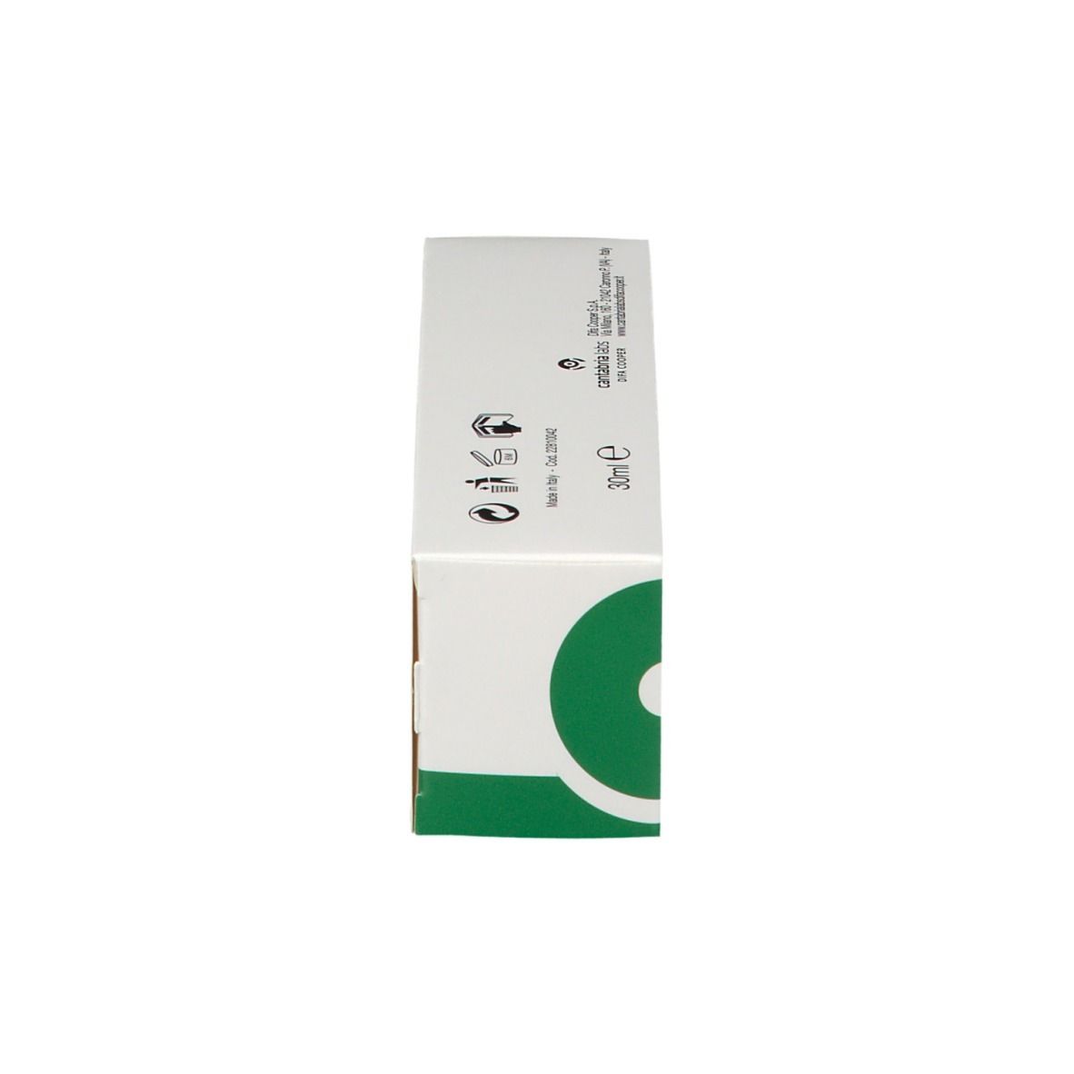 Vista laterale della scatola. Testo: 30ml. Design verde e bianco. Simboli per istruzioni e riciclaggio.