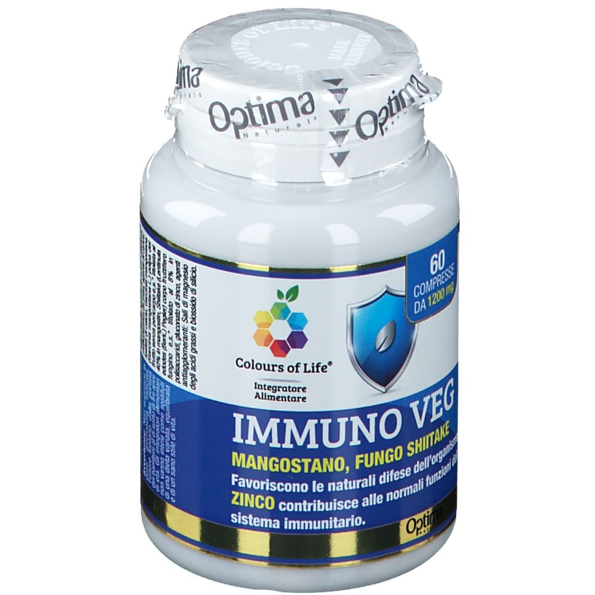 Flacone bianco con etichetta blu. Scritta: Colours of Life Immuno Veg. Contiene 60 compresse. Con mangostano, shiitake.