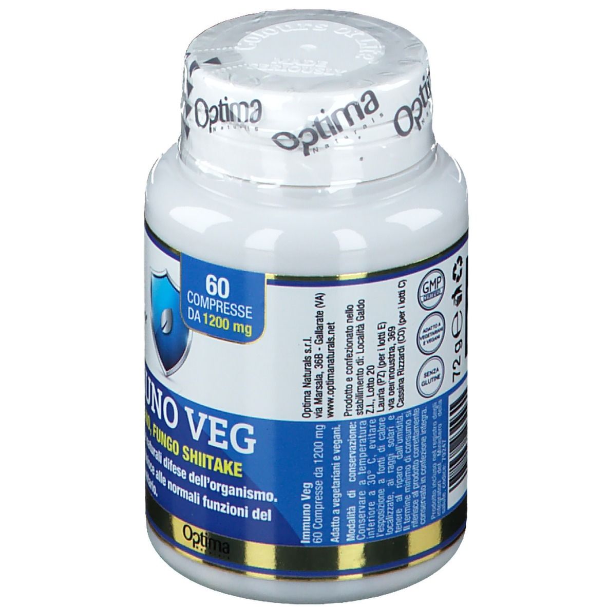 Flacone bianco con etichetta blu. Scritta: Immuno Veg. Contiene 60 compresse. Con mangostano, shiitake. Optima Naturals.