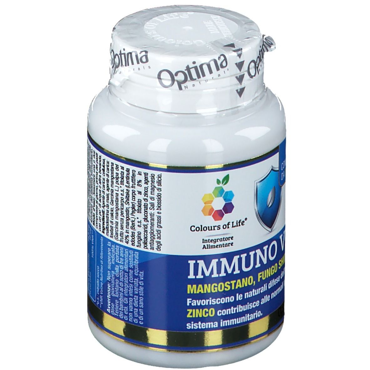 Flacone bianco con etichetta blu. Scritta: Colours of Life Immuno Veg. Contiene 60 compresse. Con mangostano, shiitake.