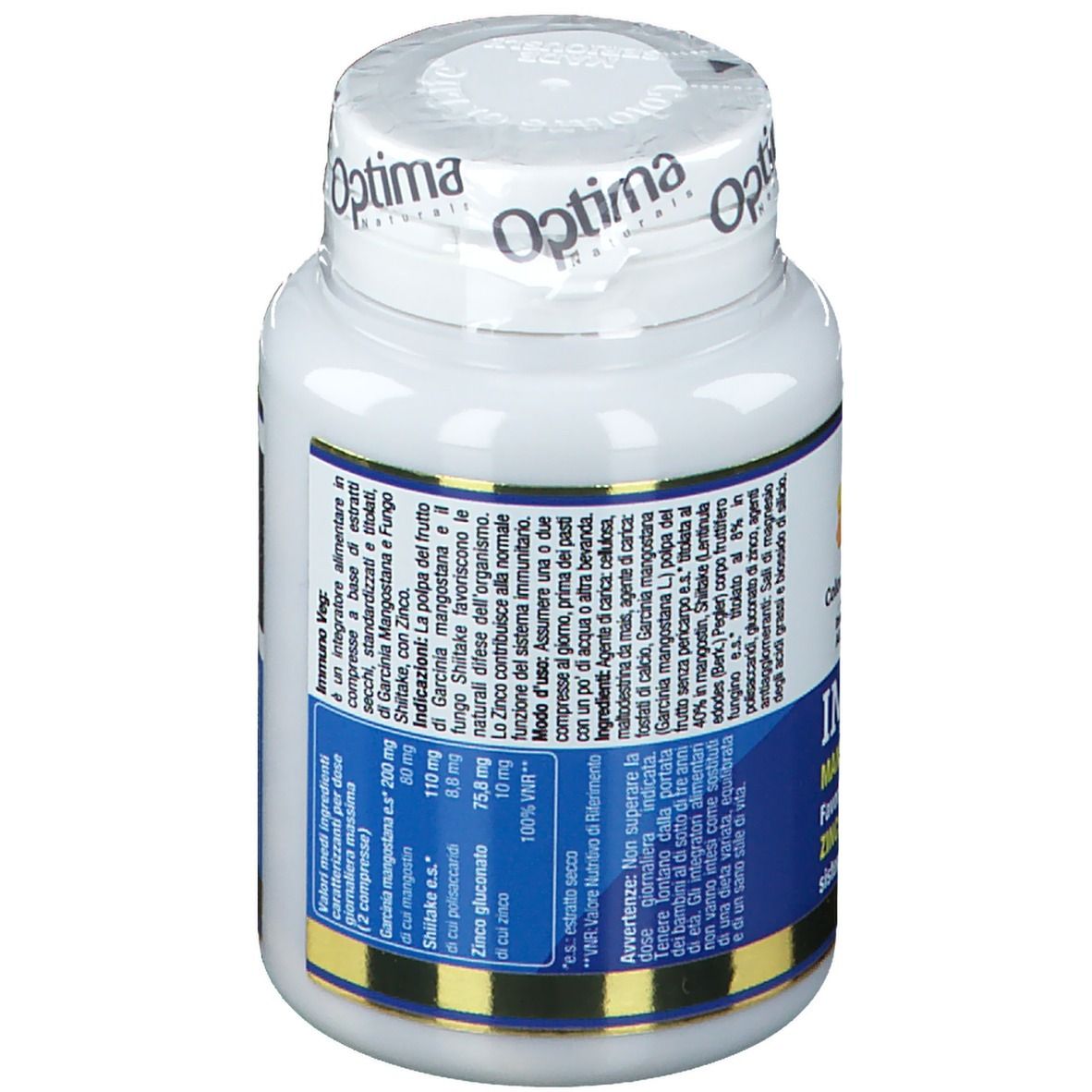 Flacone bianco con etichetta blu. Scritta: Immuno Veg. Contiene ingredienti come mangostano, shiitake, zinco. Optima Naturals.