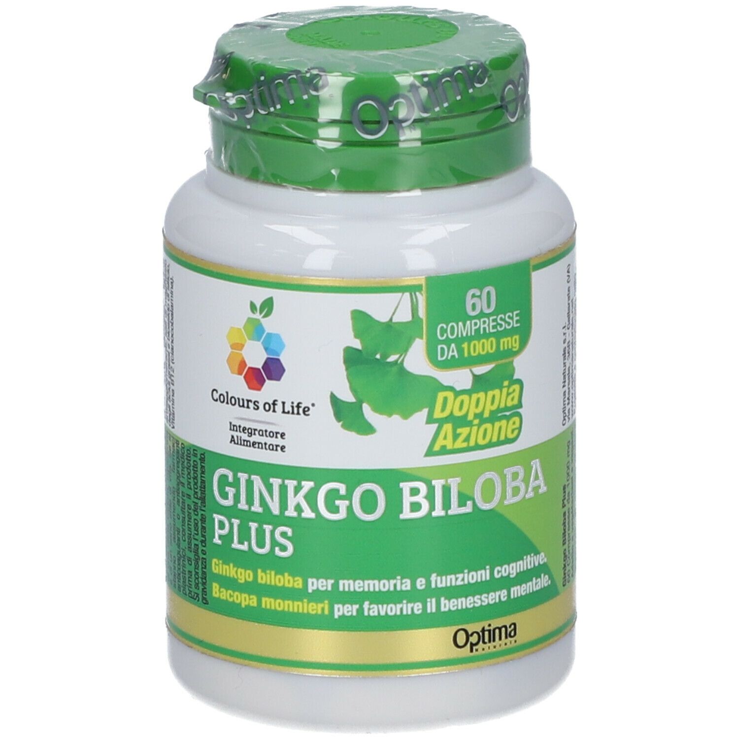 Optima Gingko Biloba Plus. Weiße Flasche mit grünem Deckel. Aufschrift: 60 Tabletten, 1000 mg. Logo: Colours of Life.