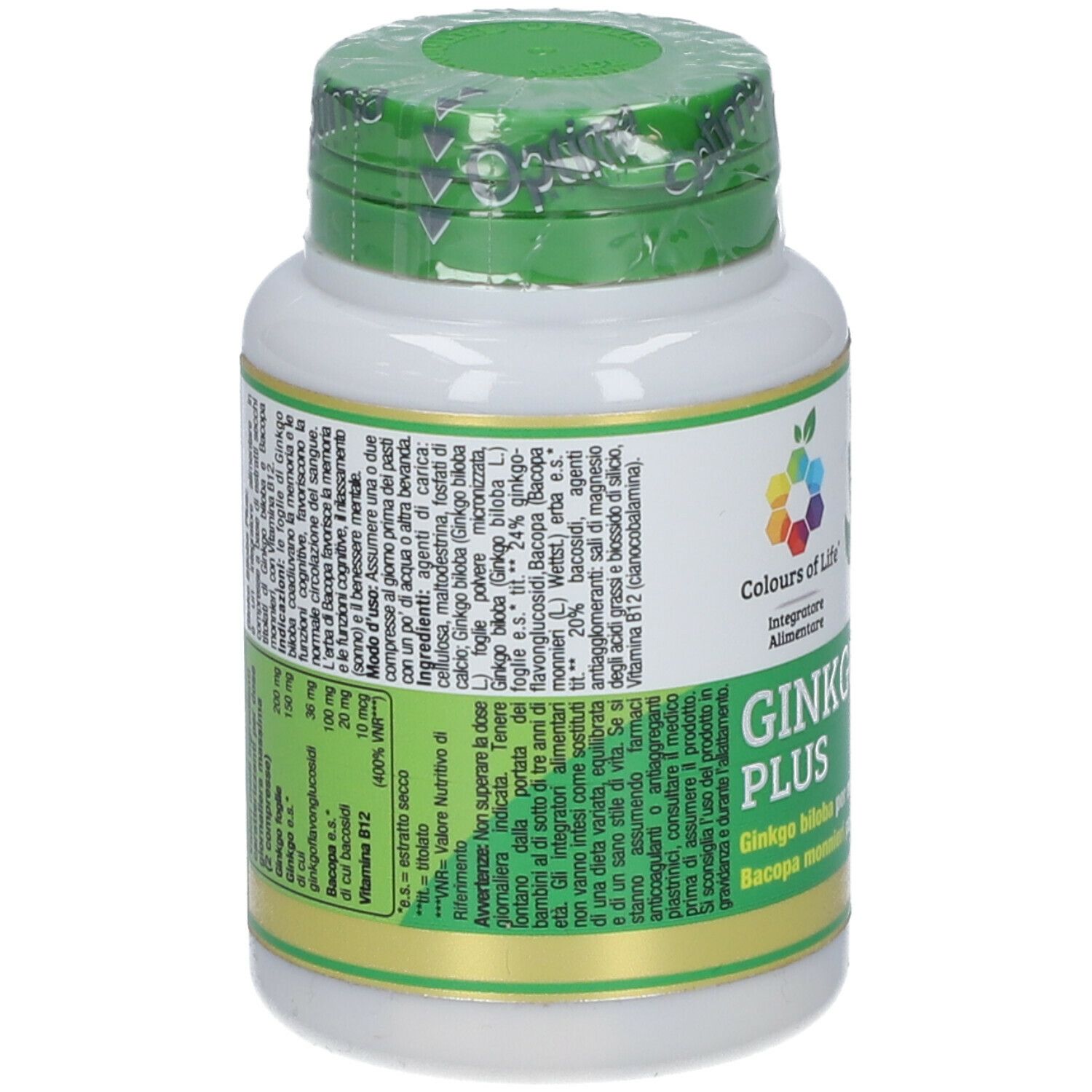 Optima Gingko Biloba Plus. Rückseite der Flasche. Text mit Inhaltsstoffen und Anwendungshinweisen. Logo: Colours of Life.