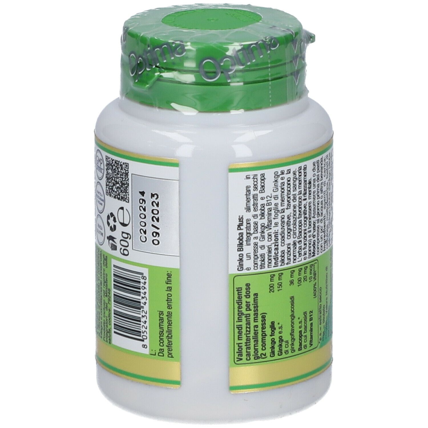 Optima Gingko Biloba Plus. Rückseite der Flasche. Text mit Inhaltsstoffen und Verfallsdatum. Gewicht: 60g.