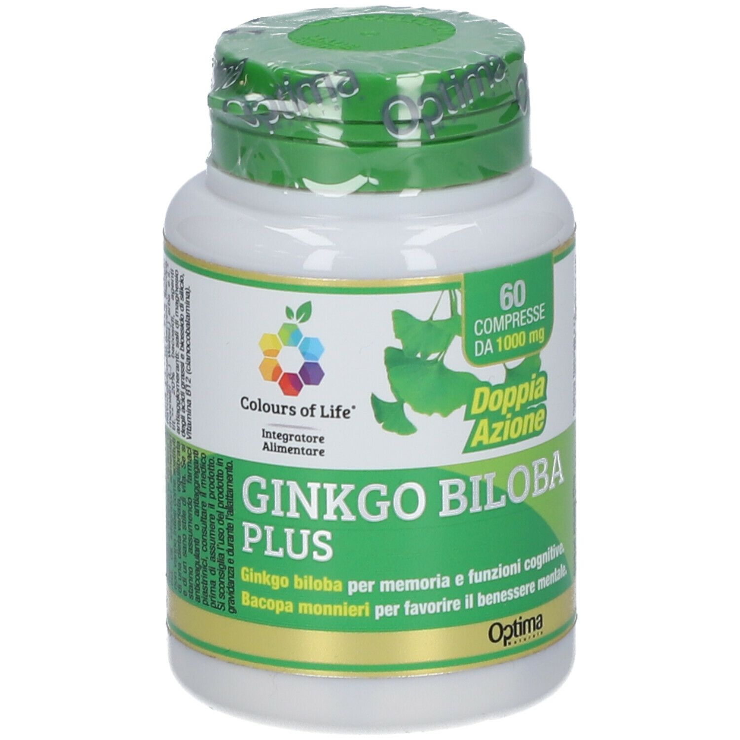 Optima Gingko Biloba Plus. Weiße Flasche mit grünem Deckel. Aufschrift: 60 Tabletten, 1000 mg. Logo: Colours of Life.