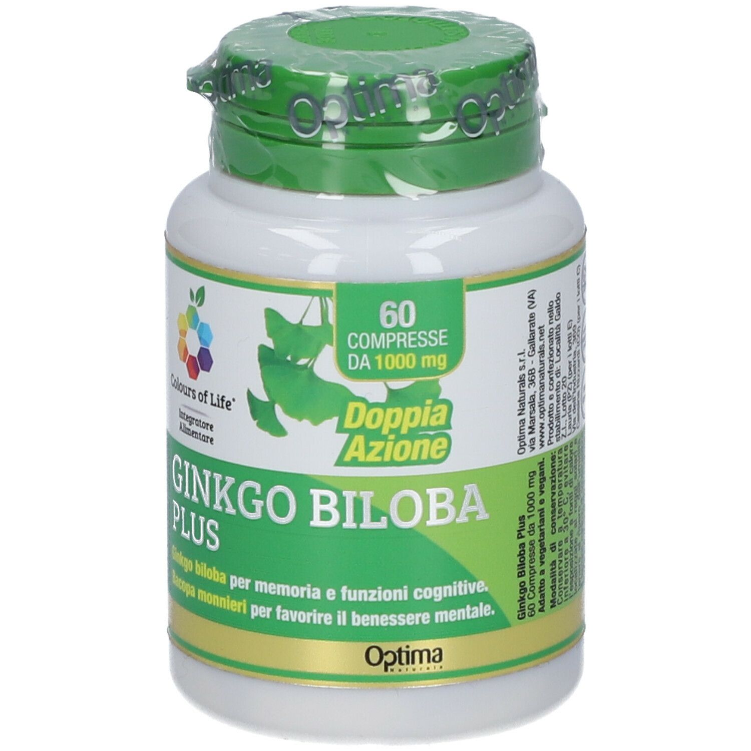 Optima Gingko Biloba Plus. Weiße Flasche mit grünem Deckel. Aufschrift: 60 Tabletten, 1000 mg. Logo: Colours of Life.