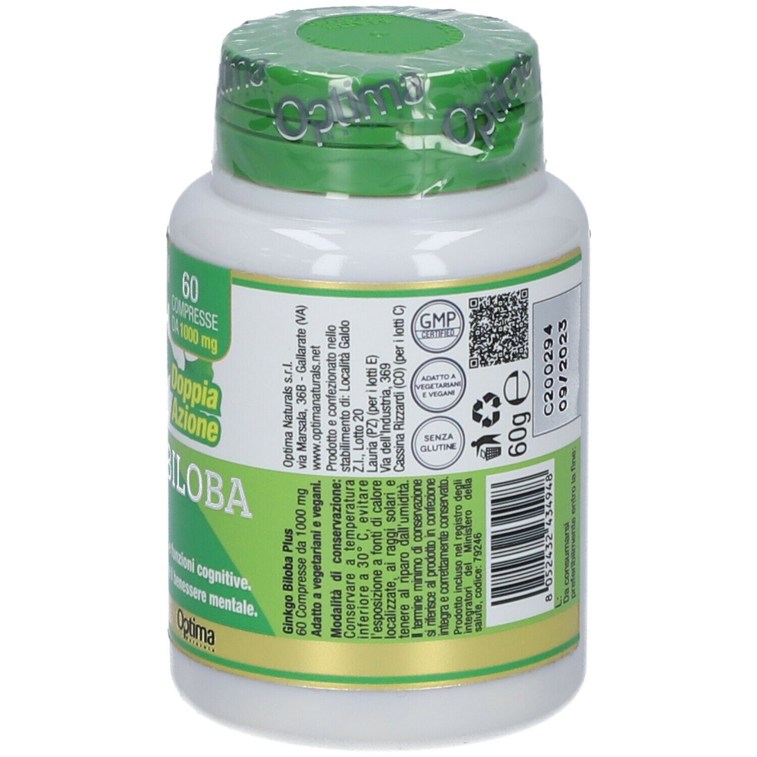 Optima Gingko Biloba Plus. Flasche mit grünem Deckel. Aufschrift: 60 Tabletten, 1000 mg. Logo: Colours of Life. Zertifizierungen.