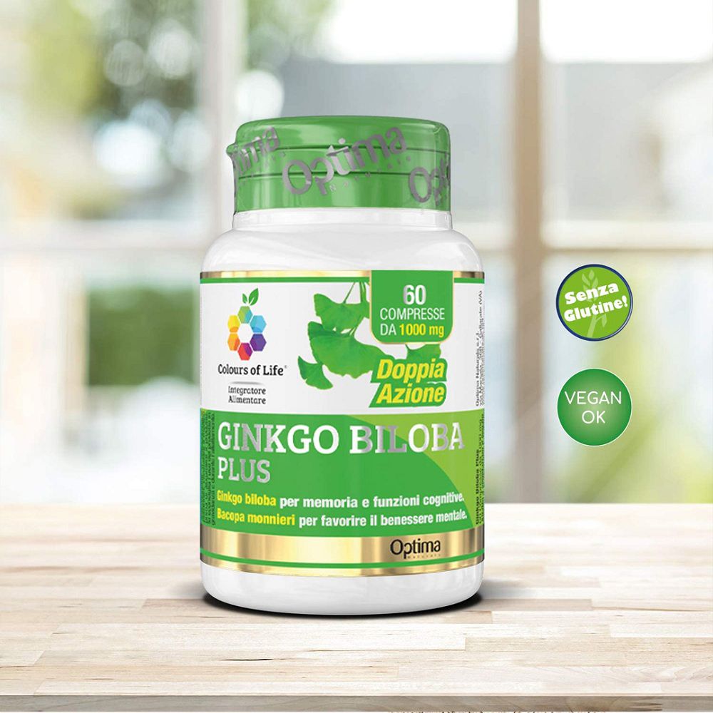 Flasche Ginkgo Biloba PLUS, 60 Stück, 1000 mg, "Senza Glutine" und "Vegan OK".