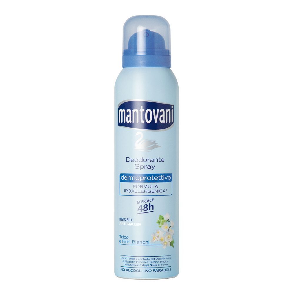 Spray deodorante azzurro con tappo bianco. Scritta: Mantovani, Deodorante Spray, 48h. Motivo floreale.