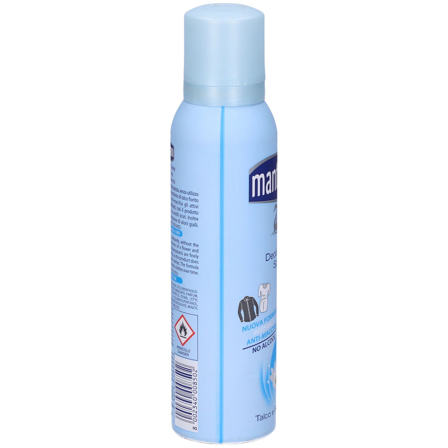 Spray deodorante azzurro con tappo bianco. Scritta: Mantovani, Deodorante Spray, 48h. Anti-macchia, senza alcool. Vista laterale.