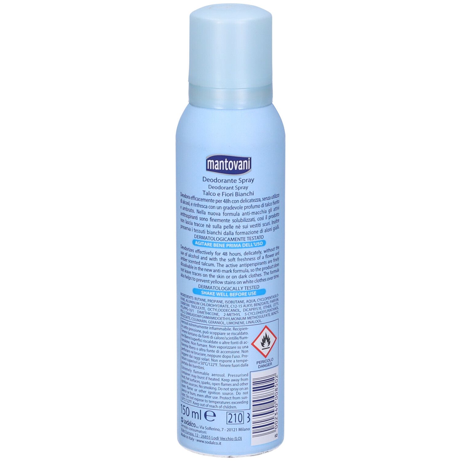 Spray deodorante azzurro con tappo bianco. Scritta: Mantovani, Deodorante Spray, 48h. Retro con ingredienti e avvertenze.