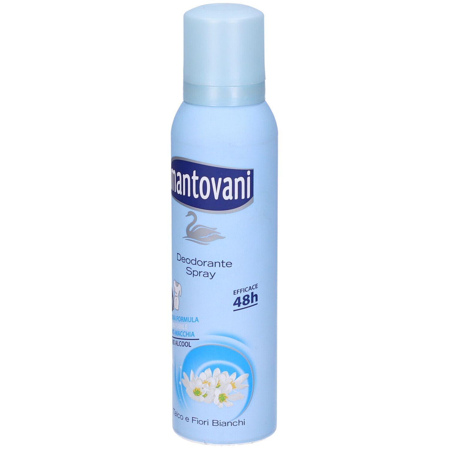 Spray deodorante azzurro con tappo bianco. Scritta: Mantovani, Deodorante Spray, 48h. Anti-macchia, senza alcool.