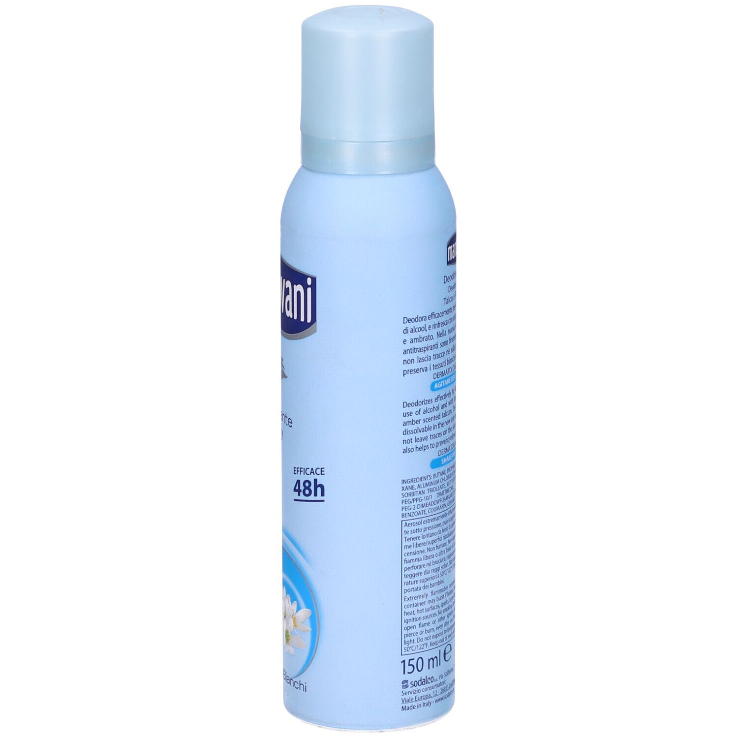 Spray deodorante azzurro con tappo bianco. Scritta: Mantovani, Deodorante Spray, 48h. Retro con ingredienti.