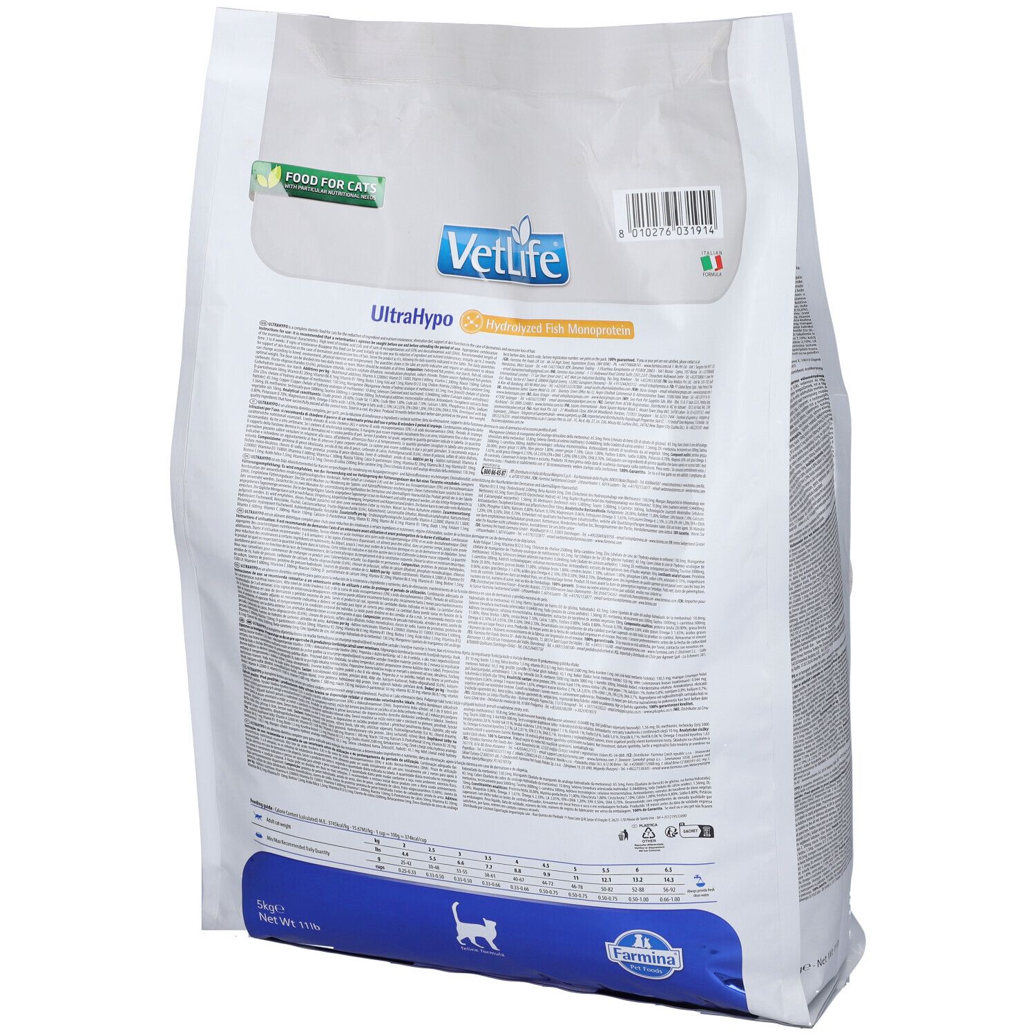 Rückseite eines weißen Beutels. Aufschrift: VetLife UltraHypo. Text und Logos. Barcode und italienische Flagge.