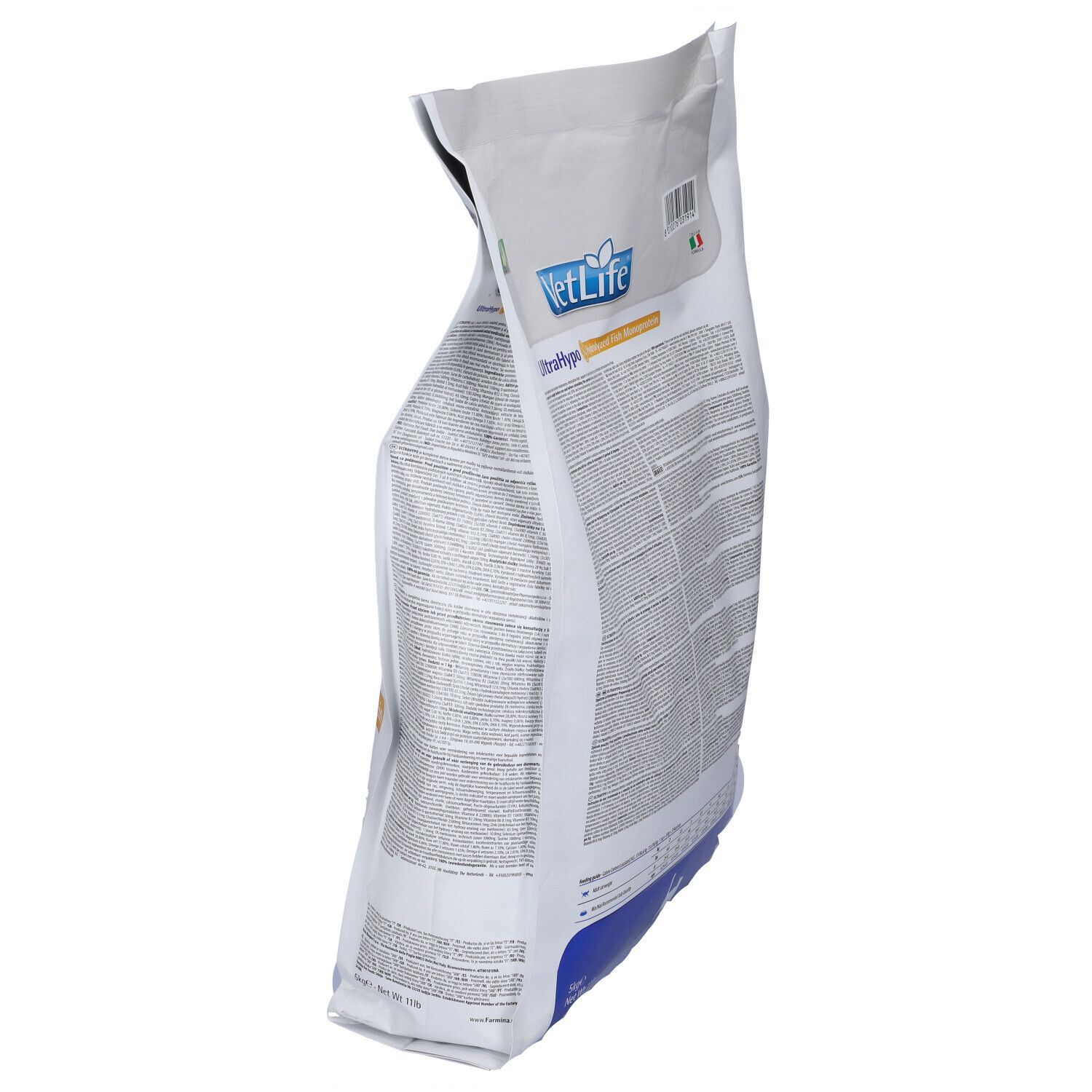 Seitenansicht eines weißen Beutels. Aufschrift: VetLife UltraHypo. Text und Logos. Grün-weißes Logo: Food for Cats.